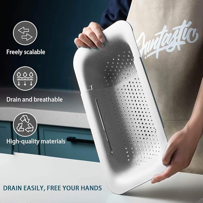 Collapsible Sink Colanders and Strainers Basket Over the Sink Colander Collapsible Colander Extendable Plastic Fruit Vegetable Strainer Drainer Basket for Kitchen (Length 14.3 inch-19.4 inch) (White)