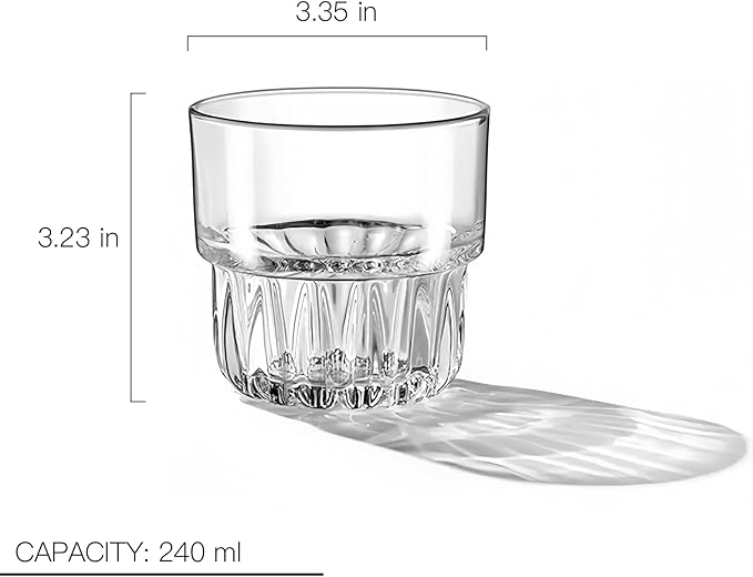 8oz Drinking Glasses Set of 4, Stackable Iced latte Coffee Glass, Beer Glasses, Cocktail Glasses, Coffee Mugs for Latte, Tea, Water glasses for bar, restaurant