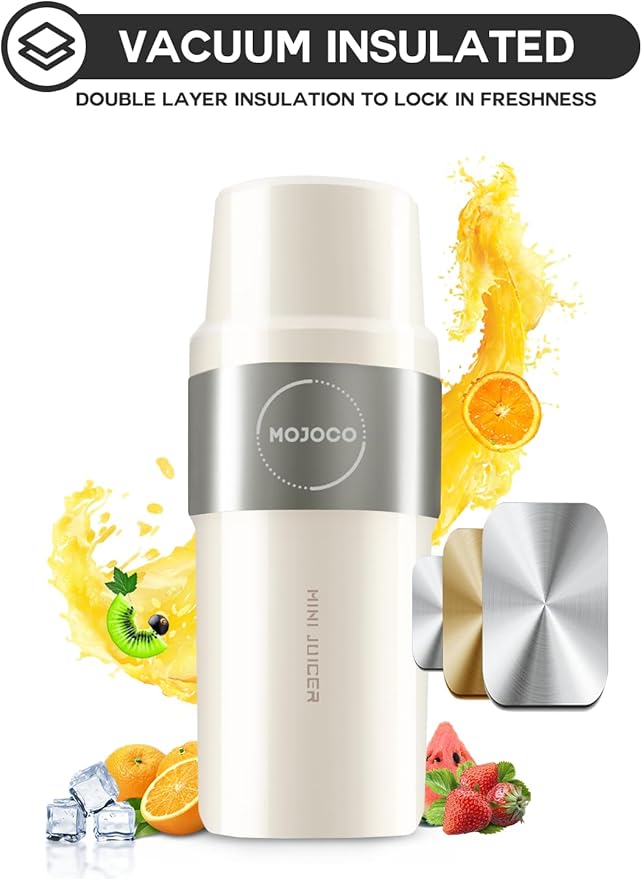 Mojoco Personal Smoothie Blender – Vacuum Insulated Blender for Fruits and Vegetables - Rechargeable Portable Blenders with Stainless Steel Blade for Travel, Camping, Gym
