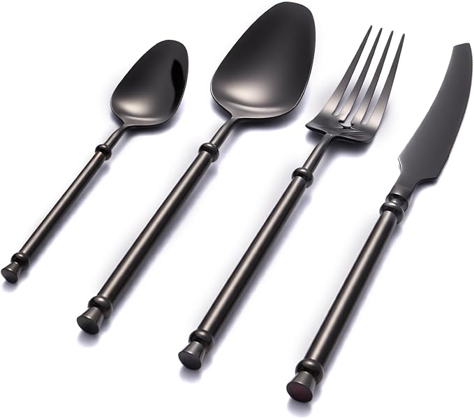Black Silverware Set for 4 Unique 18/10 Stainless Steel 16 Piece Flatware Sets Mirror Polished Elegant Cutlery Utensils Set for Home Kitchen Dishwasher Safe Nice Weight
