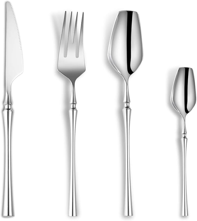 Lemeya 24-Piece Silverware Set for 6,Modern 18/10 Stainless Steel Flatware Set,Unique Rustic Cutlery Utensils Set,Spoon and Fork Set for Home, Restaurant,Wedding,Mirror Polished,Dishwasher Safe