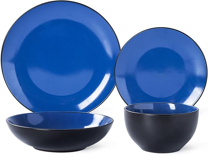Plates and Bowls Sets for 4 - CJDC-QUELO 16-Piece Stoneware Dinnerware Sets, Ceramic Dishware Set for Indoor Kitchen Use and Formal Dining, Chip and Scratch Resistant Microwave Dishwasher Safe, Blue