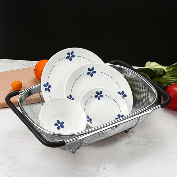 3 PackPremium Quality Over The Sink Stainless Steel Oval Colander with Fine Mesh 6 Quart Strainer Basket & Expandable Rubber Grip Handles - Strain, Drain, Rinse Fruits, Vegetables