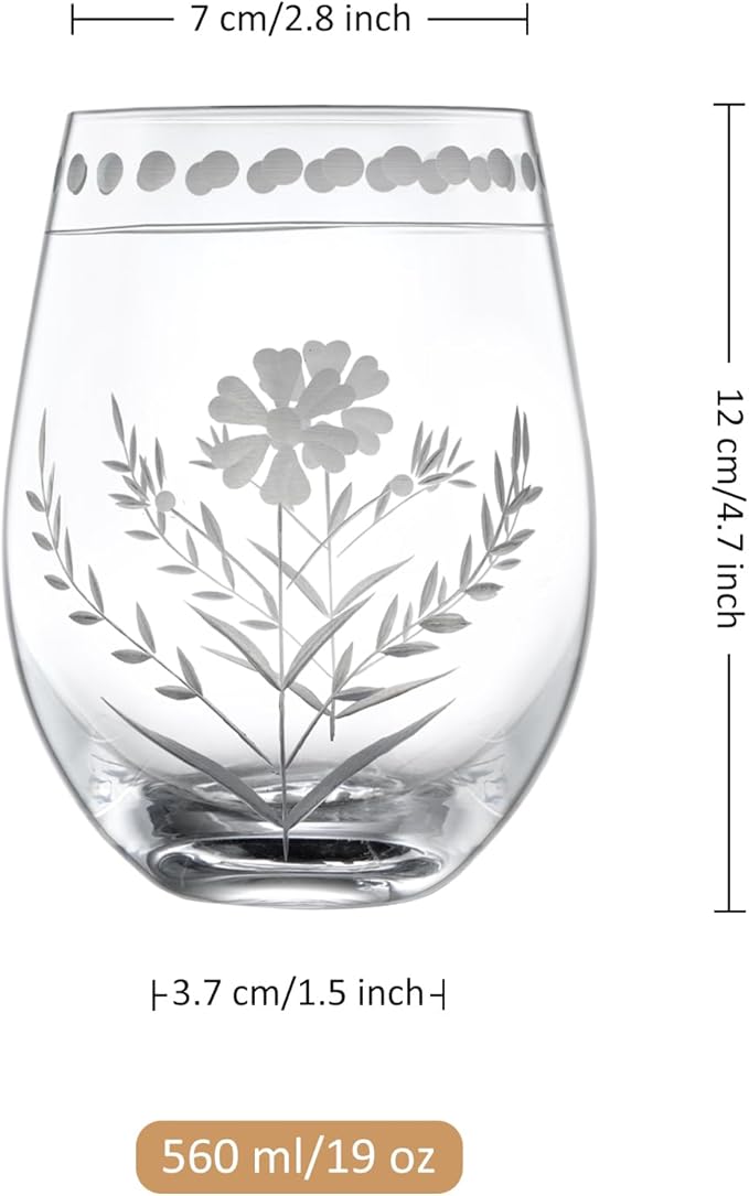 Joeyan Hand Blown Etched Stemless Wine Glasses,Carved Red and White Wine Tumbler with Floral Pattern,Clear Drinking Glass Cups,Glassware for Birthday Party Anniversary,19 oz,Set of 4,Dishwasher Safe