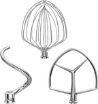 3 Pieces Stainless Steel Attachments (7QT Dough Hook,7QT Wire Whip,7QT Flat Beater Attachment) for KitchenAid Lift Stand Mixer and 7 Quart Bowl, Dishwasher Safe and Heavy Duty