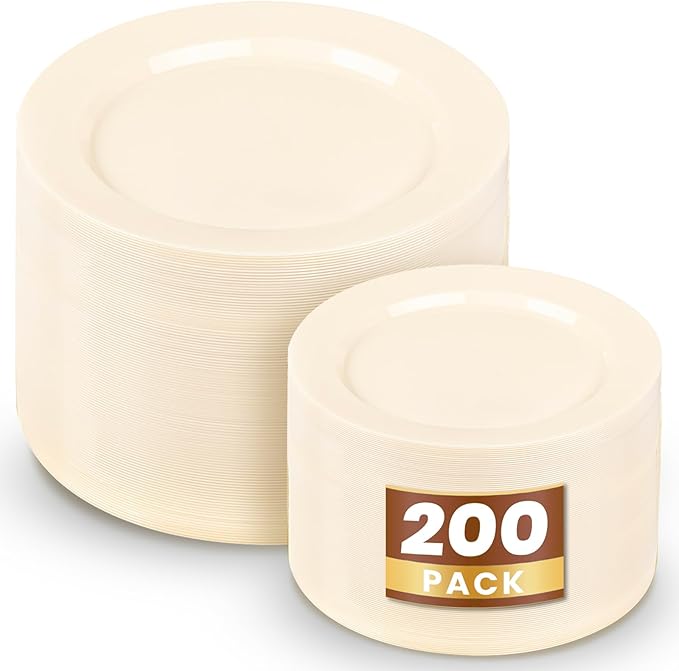 WDF 200PCS Ivory Plastic Plates - Elegant Ivory Disposable Plates for Party- Include 100 Dinner Plate 10’’ and 100 Plastic Dessert Plate 7’’ Perfect for Wedding/Party/BirthdayBaby Shower