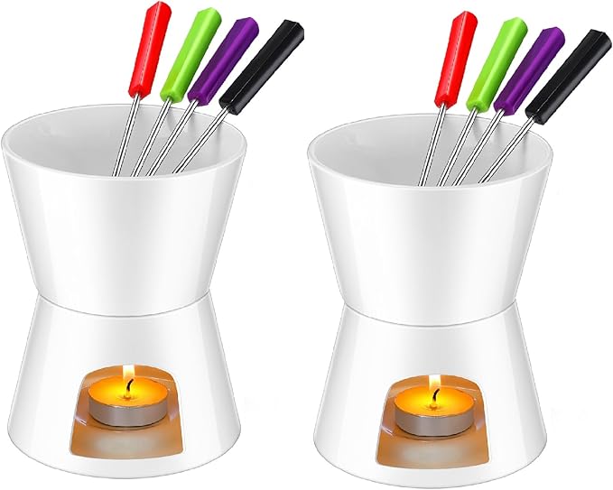 Mudder 2 Pieces Fondue Mug Ceramic Pot and 8 Pieces Forks Set for Melting Chocolate, Cheese, Broth Or Tapas On Valentine's Day, White