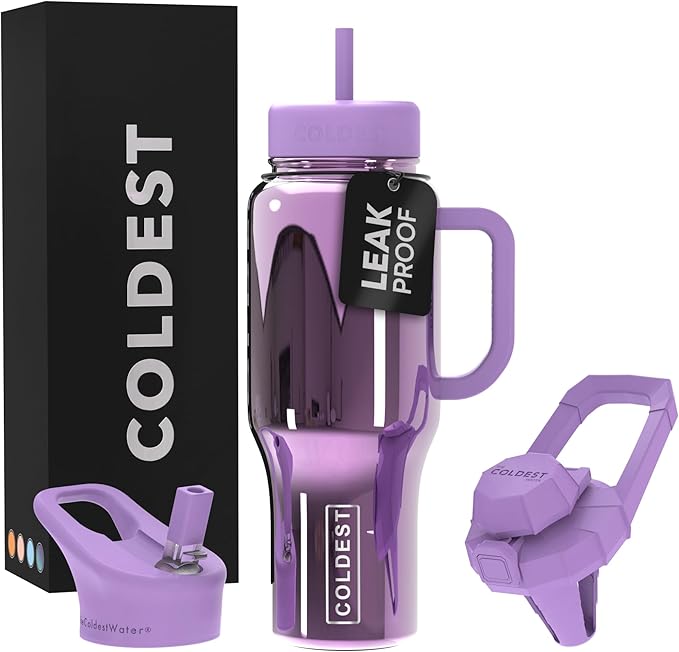 Coldest Tumbler with Handle and Straw, 100% Spill Proof Tumbler with Straw (3 Lids), Stainless Steel Insulated Leakproof Tumblers for Women & Men, 36 oz (Violet Astra Reflections)