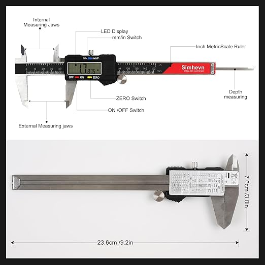 Digital Caliper Measuring Tool,with Large LCD Screen, Easy Switch Inch/MM/Fraction,6inch/150mm Stainlee Steel Caliper and 8inch/200mm Stainlee Steel Ruler for DIY/Household