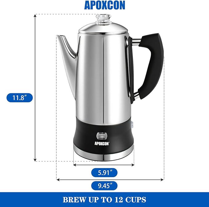Electric Coffee Percolator Stainless Steel Coffee Maker with Clear Brew Progress Tough Glass Knob and On/OFF Switch Classic Coffee Pot with Keep Warm & Cordless Serve No Aluminum (12 Cup)