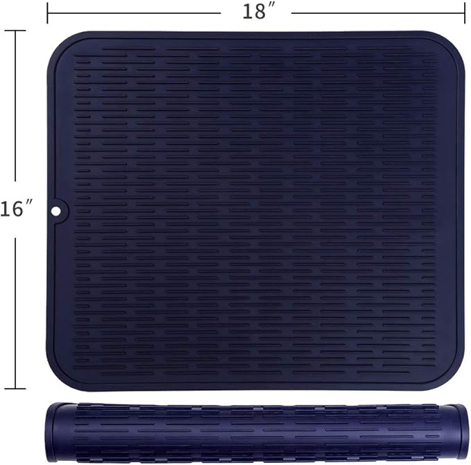 Silicone Dish Drying Mat for Multiple Usage,Easy clean,Eco-friendly,Heat-resistant Silicone Mat for Kitchen Counter or Sink,Refrigerator or Drawer Liner Navy Blue XL 18 inches x 16 inches