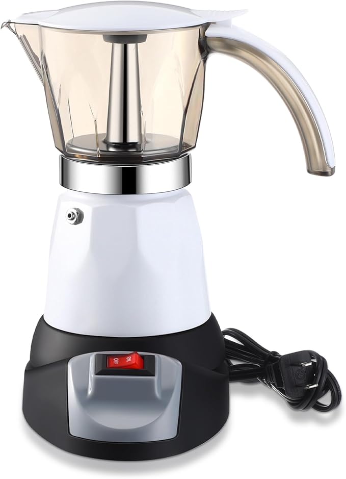 Electric Espresso Maker Transparent Coffee Maker Electric Moka Pot Portable Aluminum Espresso Machine Italian Moka Pot with Detachable Base, Coffee Gift for Women Men Home Travel (White,6 Cup)