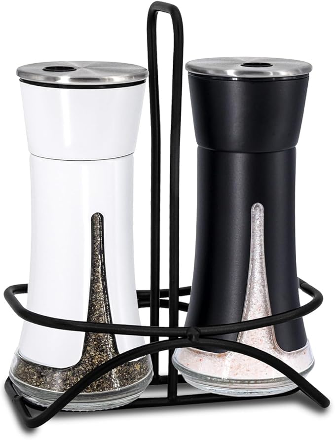 Aelga Farmhouse Salt and Pepper Shakers with Holder, Salt Shaker for the Kitchen with Adjustable Pour Holes for Himalayan, Kosher, and Sea Salts