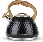 Tea Kettle, Toptier Teapot Whistling Kettle with Wood Pattern Handle Loud Whistle, Food Grade Stainless Steel Tea Pot for Stovetops Induction Diamond Design Water Kettle, 2.7-Quart Black
