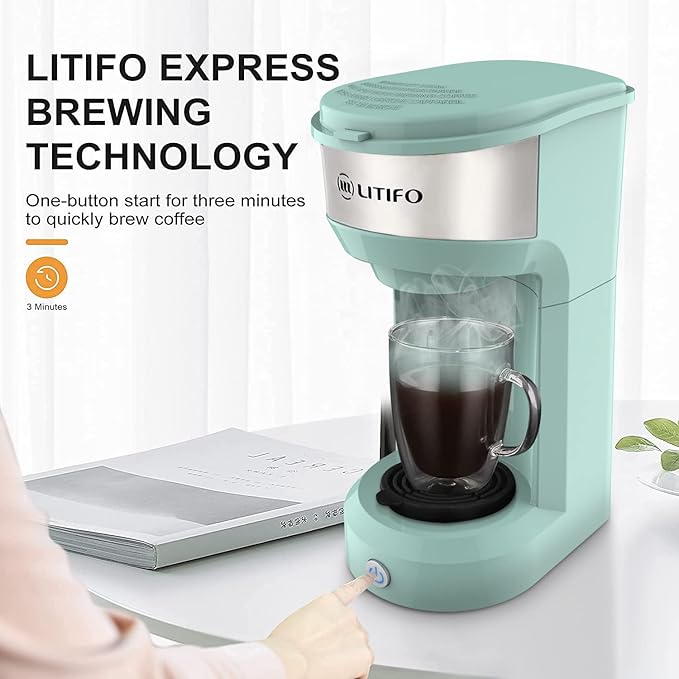 LITIFO Single Serve Coffee Maker for Ground coffee, Tea & K Cup Pod, 2-In-1 Small Coffee Machine with 6 to 14oz Reservoir, One-Button Fast Brew, Auto Shut-off & Self Cleaning Function (Green)