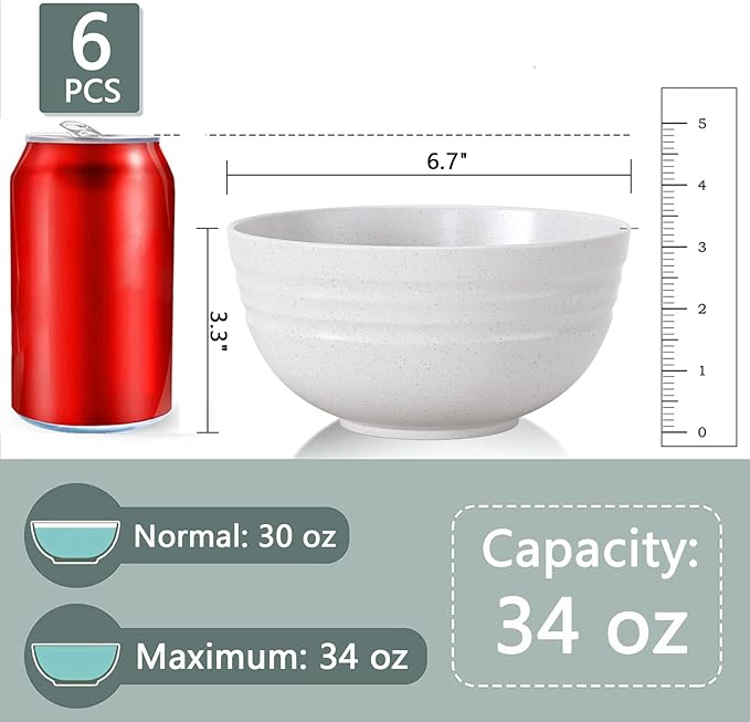 Homestockplus [Non Ceramic] 34 Oz Big Bowls， Soup Bowls BPA-Free Dishwasher & Microwave Safe Bowl Sets for Cereal, Salad, Soup, Ramen,Noodle,Oatmeal,Snack Apply to Kitchen, Freezer【Set of 6】