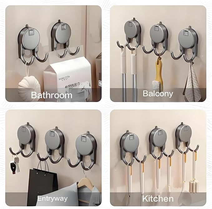 4 Pack Heavy Duty Suction Cup Hooks - No Drill Vacuum Suction Hanger for Bathroom, Kitchen, Glass/Tile/Metal, Holds Towels, Keys, Utensils (Gunmetal Gray)