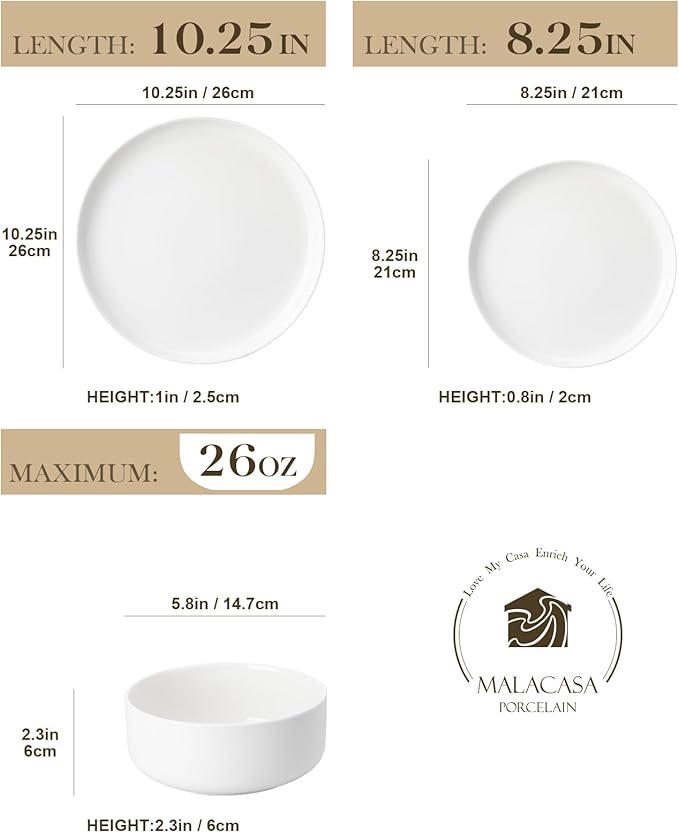 MALACASA Plates and Bowls Sets, 12 Pieces Porcelain Dinnerware Sets Dishware Sets Chip Resistant Ceramic Dish Set Dining Dinner Ware Service for 4, White, Series LUNA