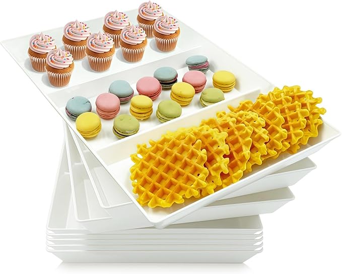 Divided Serving Tray Platter, 8 Pack 15" x 10" Fruit Veggie Food Tray for Party, Plastic Serving Trays for Appetizer, Snack, Dessert, Cookie, Brunch Decorations Platters, White Trays BPA-Free