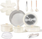 Chef Power Ceramic Nonstick Pots and Pans Set 19 Piece with Detachable Handle, Induction Dishwasher Oven Safe Cookware Set, RV Kitchen Set Removable Handle, Granite Grey and White