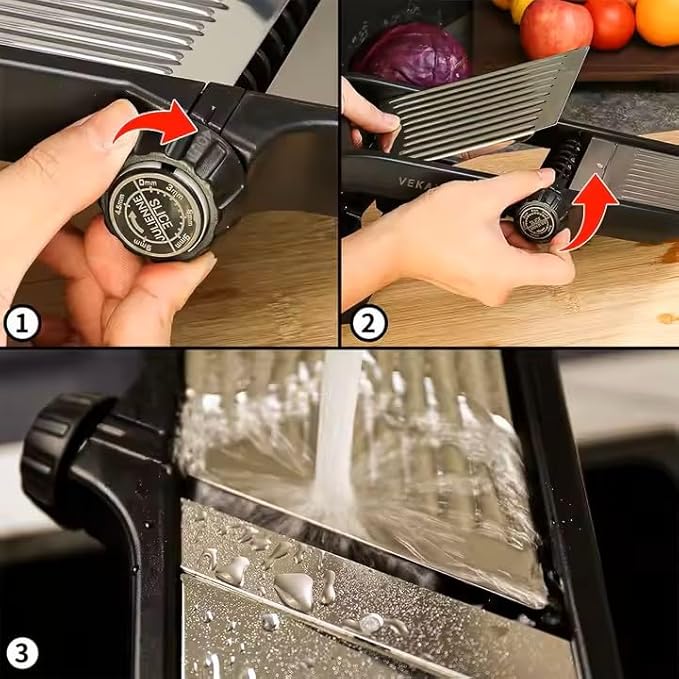 Adjustable Stainless Steel Mandoline Slicer for Kitchen – Sharp & Durable Vegetable and Fruit Cutter with Non-Slip Grip, Safety Gloves, Cleaning Brush – Easy-Clean & Dishwasher-Safe