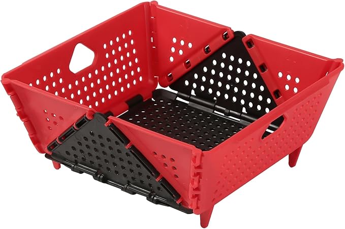 Plastic Collapsible Colander - Foldable Drain Basket with Resting Feet - Kitchen Food Strainer for Pasta, Fruit, Vegetables - Space-Saving, BPA-Free, Dishwasher Safe (Red&Black)