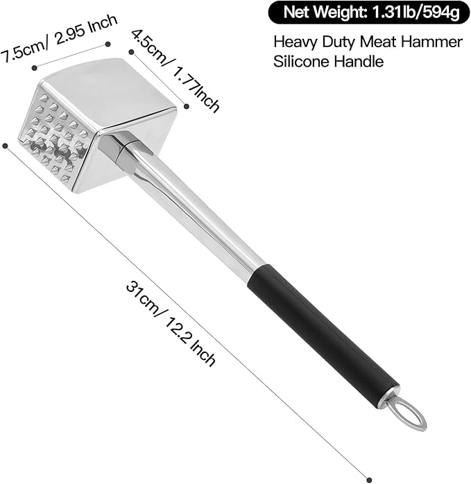 Meat Tenderizer, 304 Stainless Steel Meat Hammer, Heavy Duty Kitchen Meat Mallet,Four-sided Meat Tenderizer Tool, Meat Pounder for Tenderizing Steak, Beef, Chicken, Nut (1.31lb)