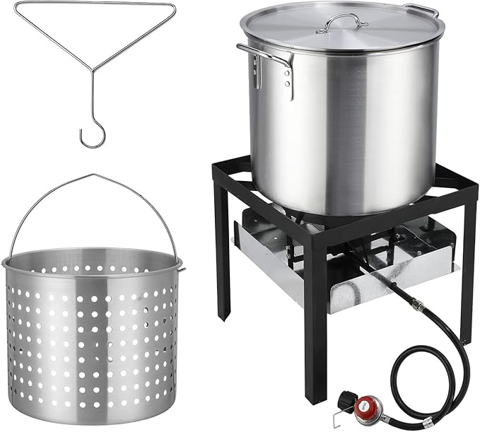 ROVSUN 60QT Turkey Fryer with Aluminum Boiler Steamer Basket & 150,000BTU Propane Burner, Outdoor Gas Deep Fryer & Seafood Crawfish Boil Pot Set with High Pressure Propane Regulator and Hose