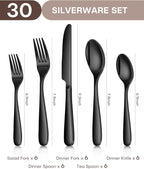 30 Pieces Black Silverware Set for 6, Heavy Duty Black Stainless Steel Flatware Set Include Knives Forks Spoons Set Premium Modern Utensil Mirror Polished, dishwasher Safe