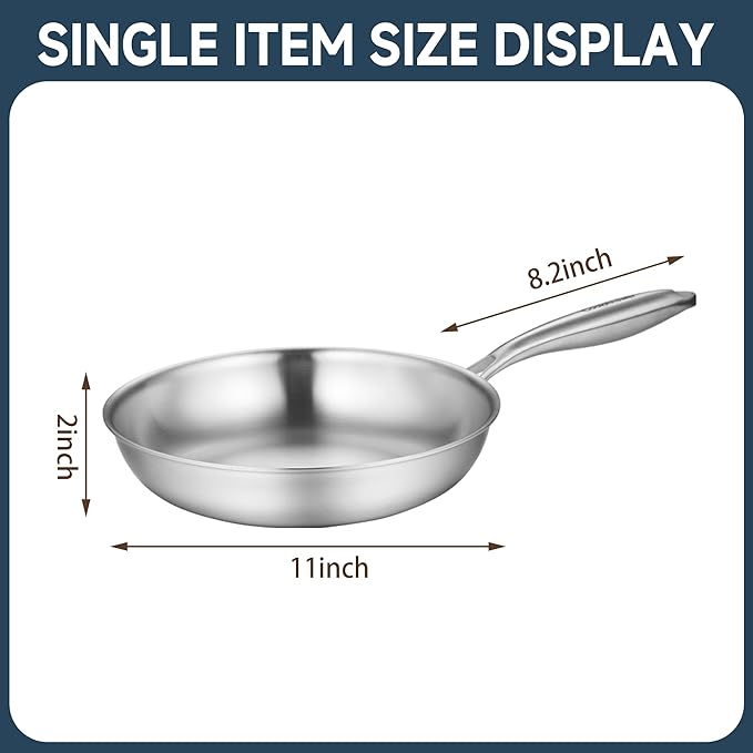 Tri-Ply Clad Stainless Steel 11 Inch Frying Pan with Lid,PFOA&PTFE Free Skillets,Works on Induction,Oven and Gas Cooktops