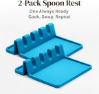 Silicone Spoon Rest for Stove Top with Drip Pad (Two Pack) - Heat Resistant BPA Free Utensil Rest & Spoon Holder for Kitchen Counter - Grill Utensil Holder - Spatula Holder, Tongs, Ladle - Light Blue