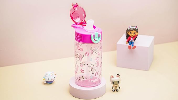 Zak Designs Sage DreamWorks Gabby's Dollhouse Kids Water Bottle For School or Travel, 16oz Durable Plastic Water Bottle With Straw, Handle, and Leak-Proof, Pop-Up Spout Cover (Pandy Paws)