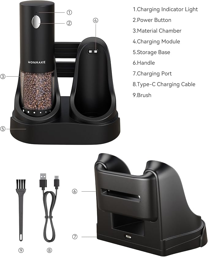 Electric Salt and Pepper Grinder Set - Automatic Refillable Salt and Pepper Grinders with Charging Base & LED Light, 6-Level Adjustable Coarseness with External Dial, Ideal Kitchen Gadget