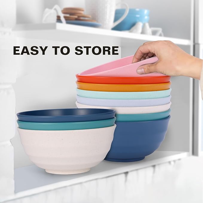 Microwave Safe Bowls 60 Oz, Deep Large Plastic Cereal Soup Bowls Set of 8, Unbreakable Reusable Wheat Straw Dinnerware Sets Dishwasher Safe BPA-Free for Kitchen Salad Ramen, Multicolor