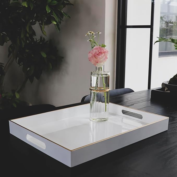 White Sturdy Acrylic Serving Tray with Handles-15.7x11.8Inch, Morden Plastic Rectangular Serving Tray for Coffee Table Bathroom, Ottoman, Home Decor