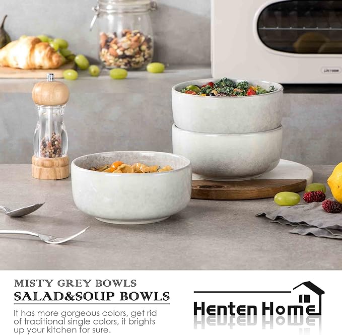 Henten Home Ceramic Otmeal Bowl Set of 4, 26 OZ Porcelain Bowls for Cereal, Salad, Soup, Noodle, Serving Stoneware Set, Reactive Glaze, Microwave & Dishwasher Safe (Grey)