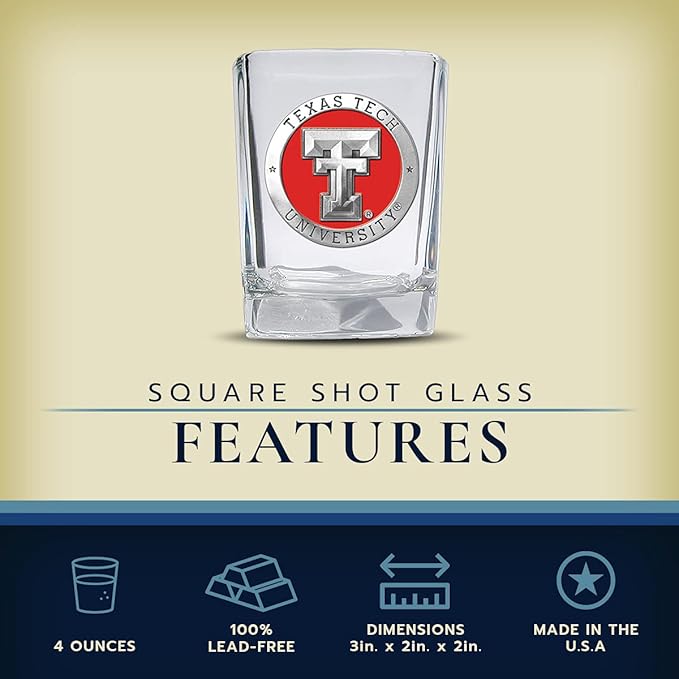 Heritage Pewter Texas Tech Square Shot Glass | Hand-Sculpted 1.5 Ounce Shot Glass | Intricately Crafted Metal Pewter Alma Mater Inlay