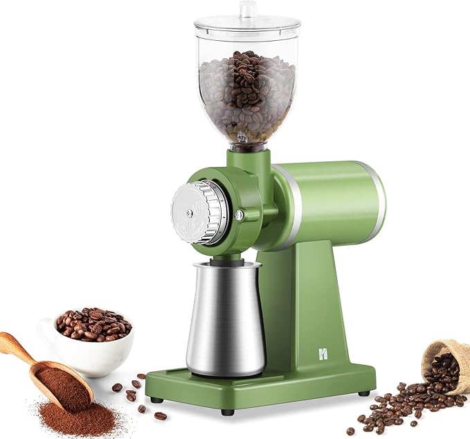 Huanyu Electric Coffee Bean Grinder 250G Commercial&Home Milling Grinding Machine 200W Automatic Burr Grinder Professional Miller 8 Fine - Coarse Grind Size Settings (Green)