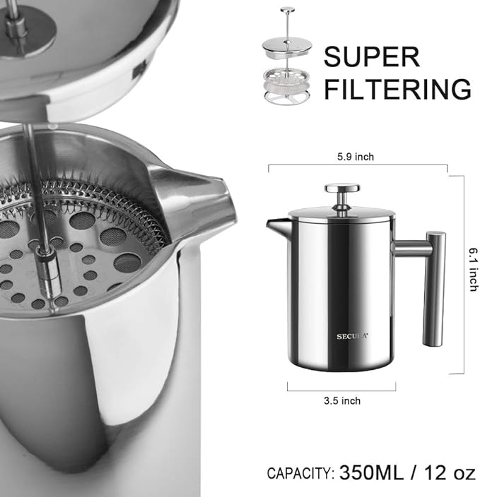 Secura French Press Coffee Maker, 304 Grade Stainless Steel Insulated Coffee Press with 2 Extra Screens, 12oz (0.35 Litre), Silver (SFP-12DS)
