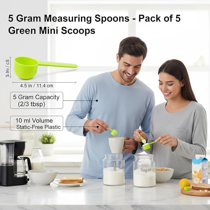 5g Plastic Measuring Spoons (10ml) – Pack of 5 mini Scoops for Protein Poweder, Creatine, Coffee, Lab, Baking, Laundry, Canisters, Dry Goods – 1 Teaspoon Measuring Spoons (tsp), Green
