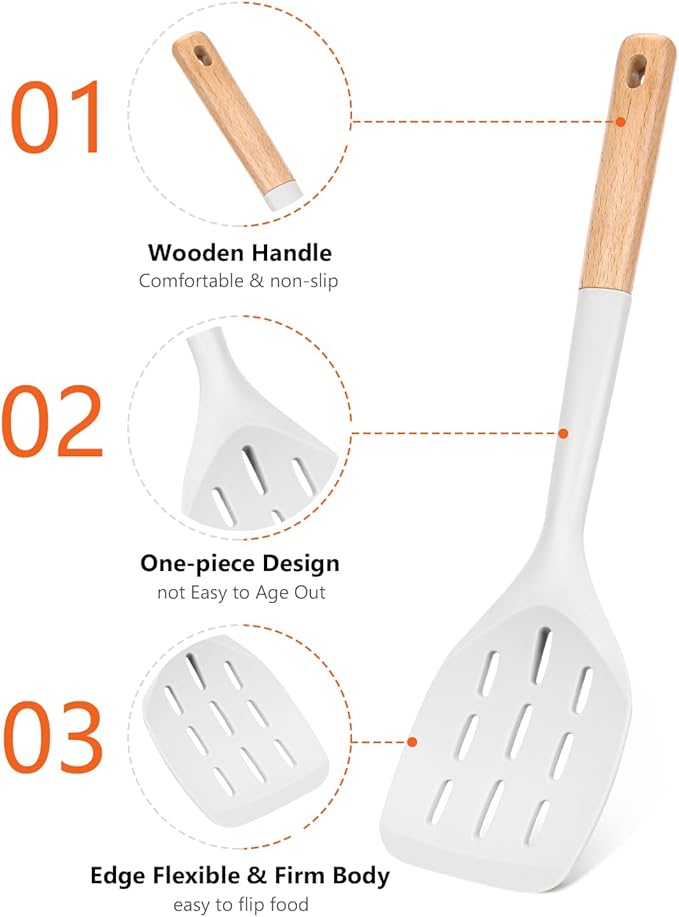 Pack of 2 Silicone Spatula, Non Stick Cooking Utensil Set Wooden Handle Kitchen Turner for Baking Mixing Grilling Serving Food Heat Resistant Non Scratch Hooks Included (White)