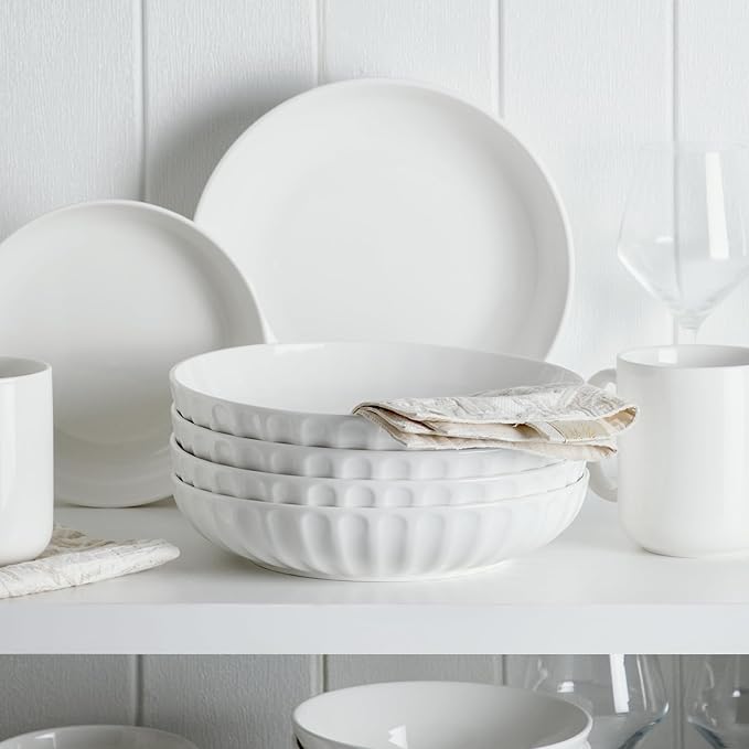 DOWAN Pasta Bowls, 10" Large Salad Serving Bowls 51 OZ White Ceramic Soup Bowls Set of 4 Wide and Shallow Plate Bowl Serving Dish for Soup, Pasta, Noodle, Dinner, Microwave & Dishwasher Safe