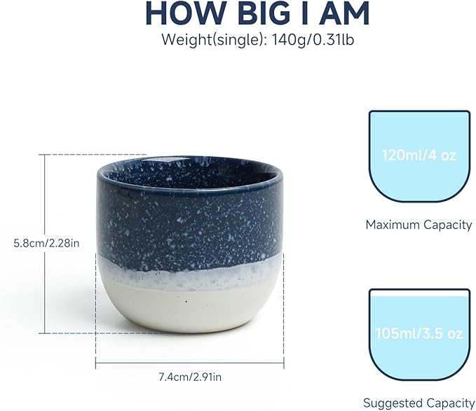 Set of 4 Ceramic Espresso Cups-4 oz, Blue & White Summer Coastline Design, Ideal for Espresso, Coffee, Tea, & More,Small Ceramic Coffee Mugs, Dishwasher & Microwave Safe