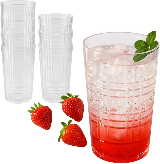 Kate Aspen Clear Plaid Acrylic Glasses Drinkware, Plastic Drinking Glasses Set of 8, 22 oz, Tumblers & Water Glasses Dishwasher Safe, BPA-Free Plastic Cups Reusable for Kithchen, Outdoor, Patio