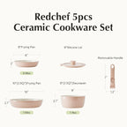 Redchef Ceramic Cookware Set, Removable Handle Pots and Pans Non-Stick, Rv Cookware Set, Non-Toxic Pots and Pans Set No PFAS, PTFE, PFOA, Detachable Pots and Pans, Dishwasher & Oven Safe (Pink)