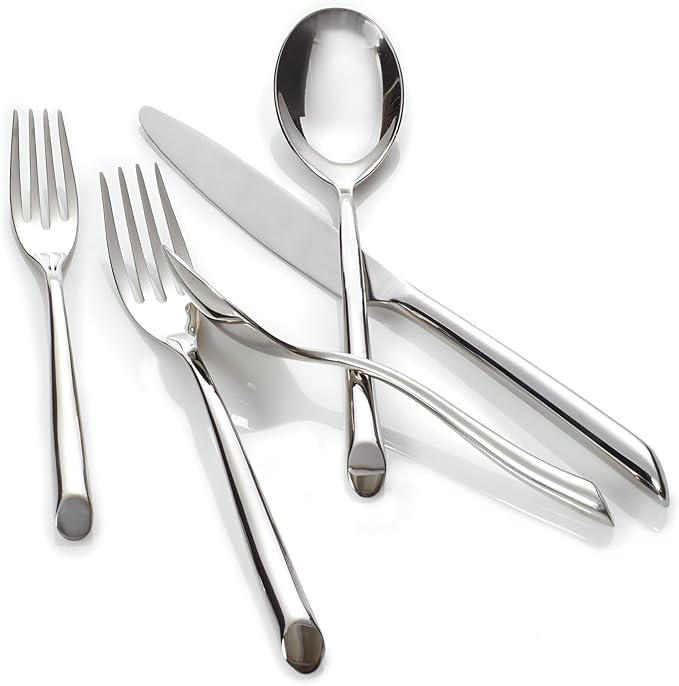 Nambe Stainless Steel Flatware Set – 5-Piece Cutlery with Angled Handle Design, Modern Fork, Knife & Spoon for Tableware Decor – Convenient Cleaning, Stylish & Long-Lasting Tableware