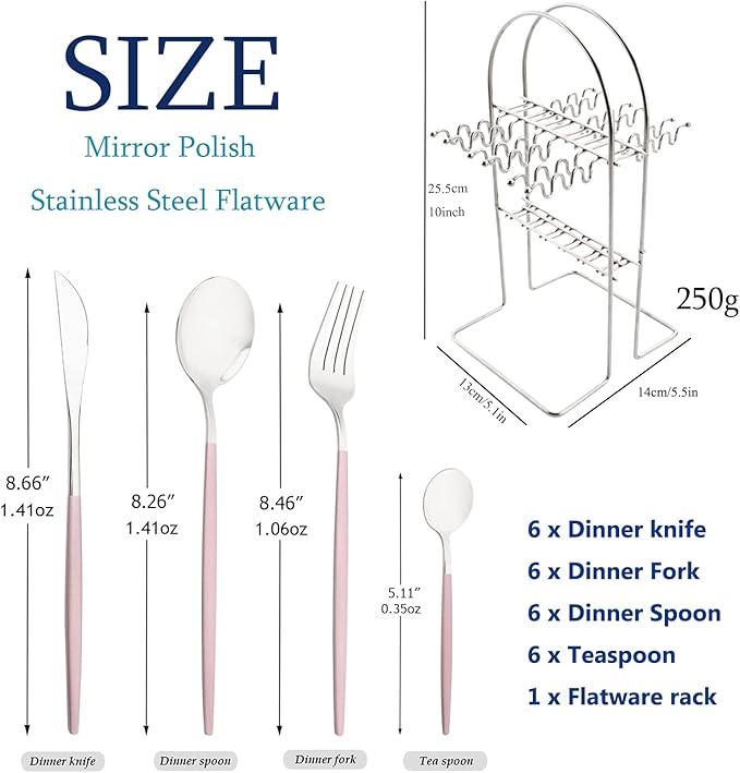 Pink Silver 24Pcs Flatware Set With Stand, Lightweight Dinnerware Set Stainless Steel Cutlery With Pink handles For Home Kitchen Wedding Party And Daily Use,Service For 6, Mirror Polish