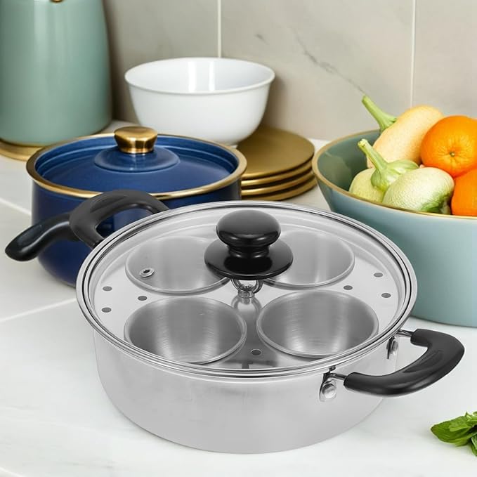 DECHOUS Egg Poacher Pan Nonstick 4 Eggs Stainless Steel Food Steamer Pot With Detachable Cups & Lid For Breakfast And Meal Prep