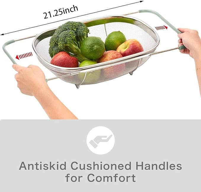 Over The Sink Colander, 6 Quarts Stainless Steel Oval Colander with Expandable Rubber Grip Handle, Fine Mesh Strainer Baskets Kitchen Colanders for Strain, Drain, Rinse Vegetables, Mint Green