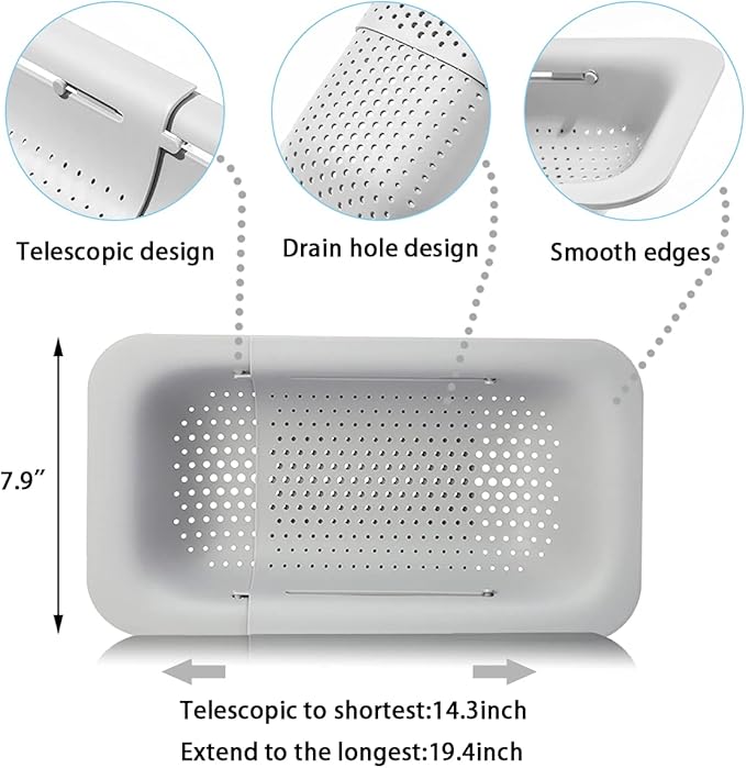 Collapsible Sink Colanders and Strainers Basket Over the Sink Colander Collapsible Colander Extendable Plastic Fruit Vegetable Strainer Drainer Basket for Kitchen (Length 14.3 inch-19.4 inch) (White)